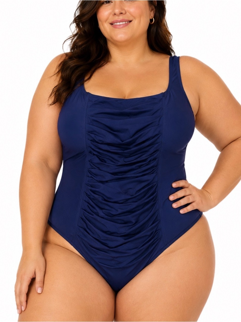Calvin Klein Navy Ruched One-Piece Swimsuit tummy flattering underwire cup SZ 16